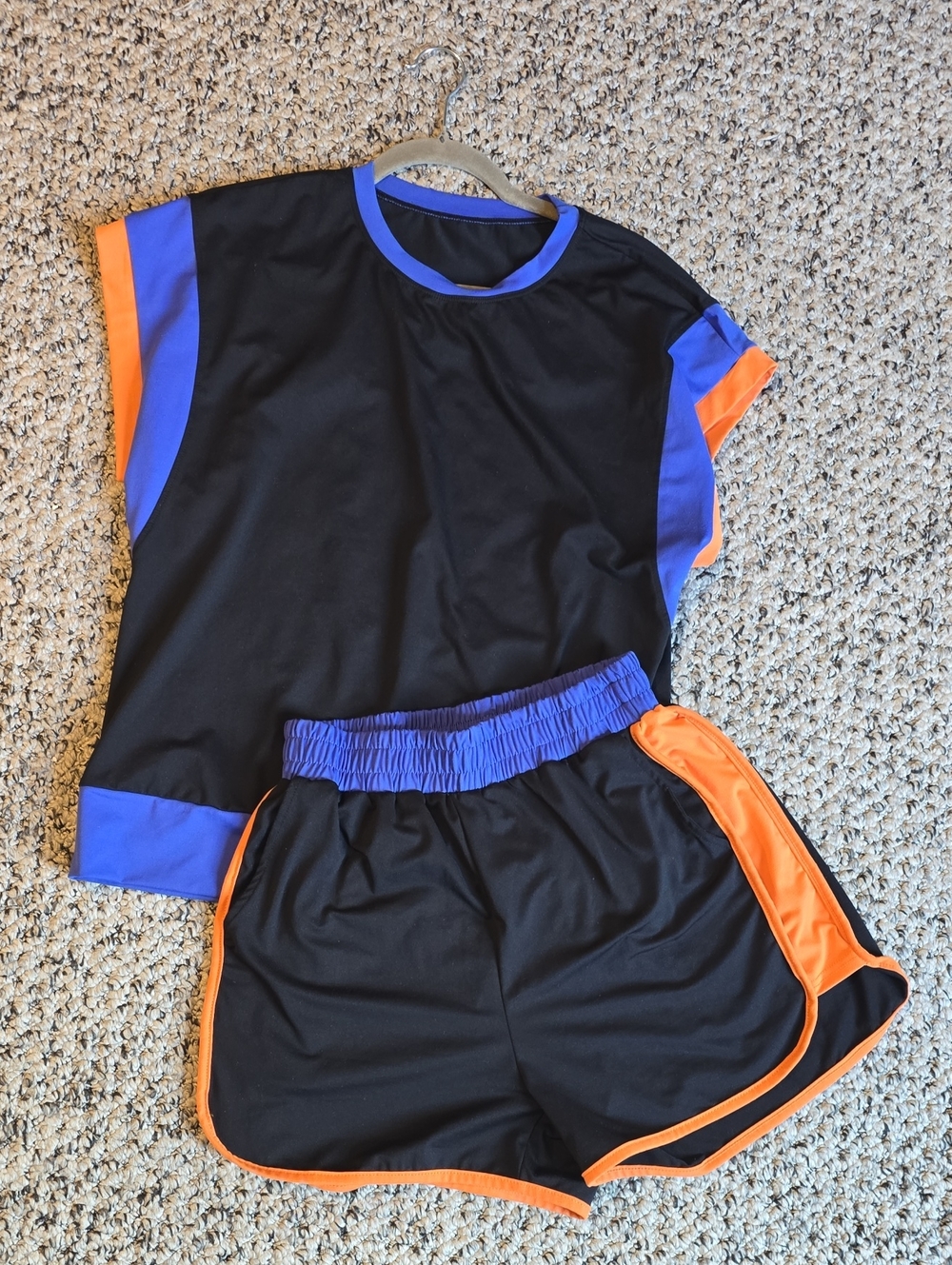 Black Athletic Top and Shorts Set with Blue and Orange Trim